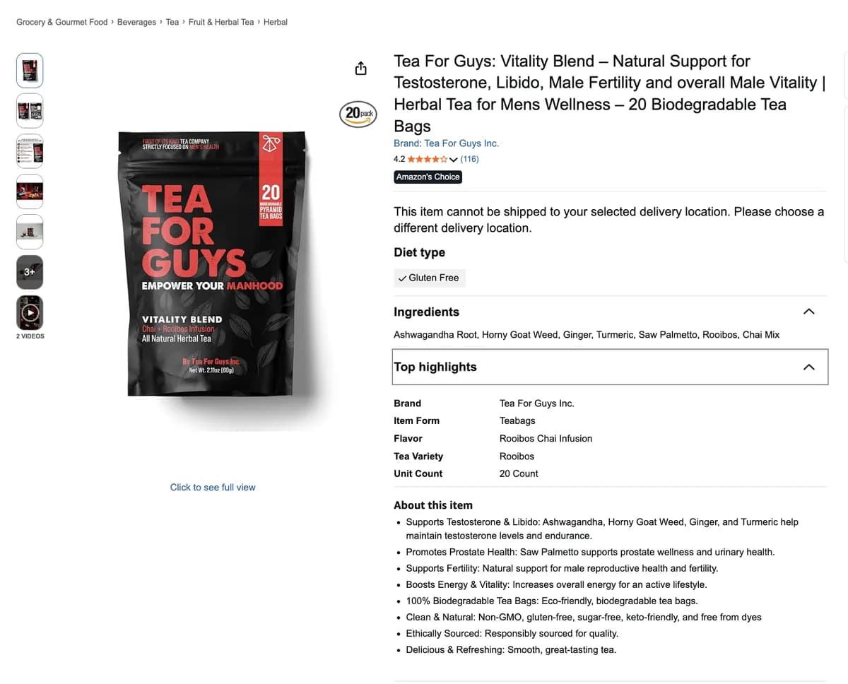 Tea For Guys Vitality Blend Amazon listing