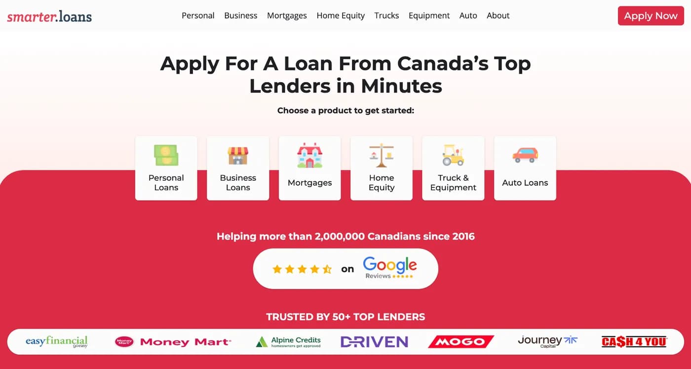 Smarter Loans homepage, where Canadians compare lenders by loan type