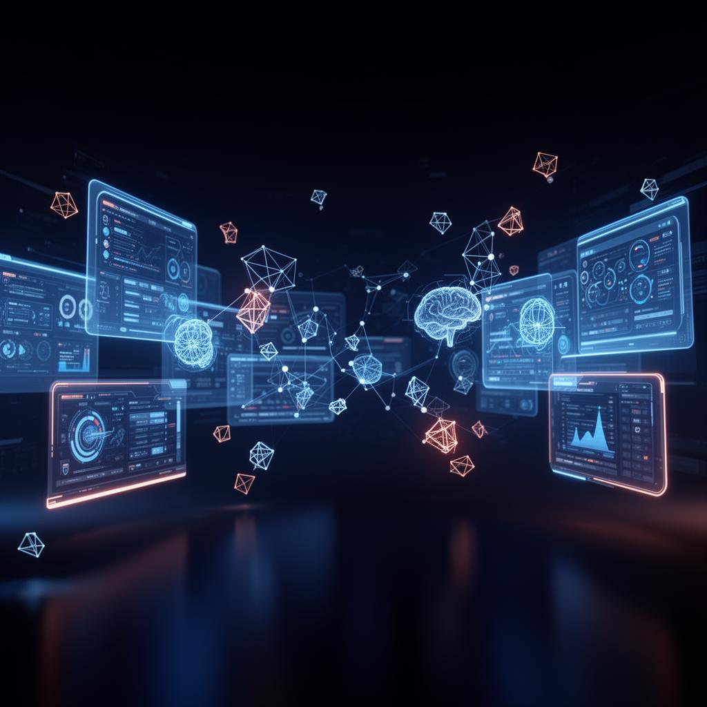 Abstract visualization of AI tools used in marketing workflows: chat interfaces, agentic workflows, and custom AI solutions