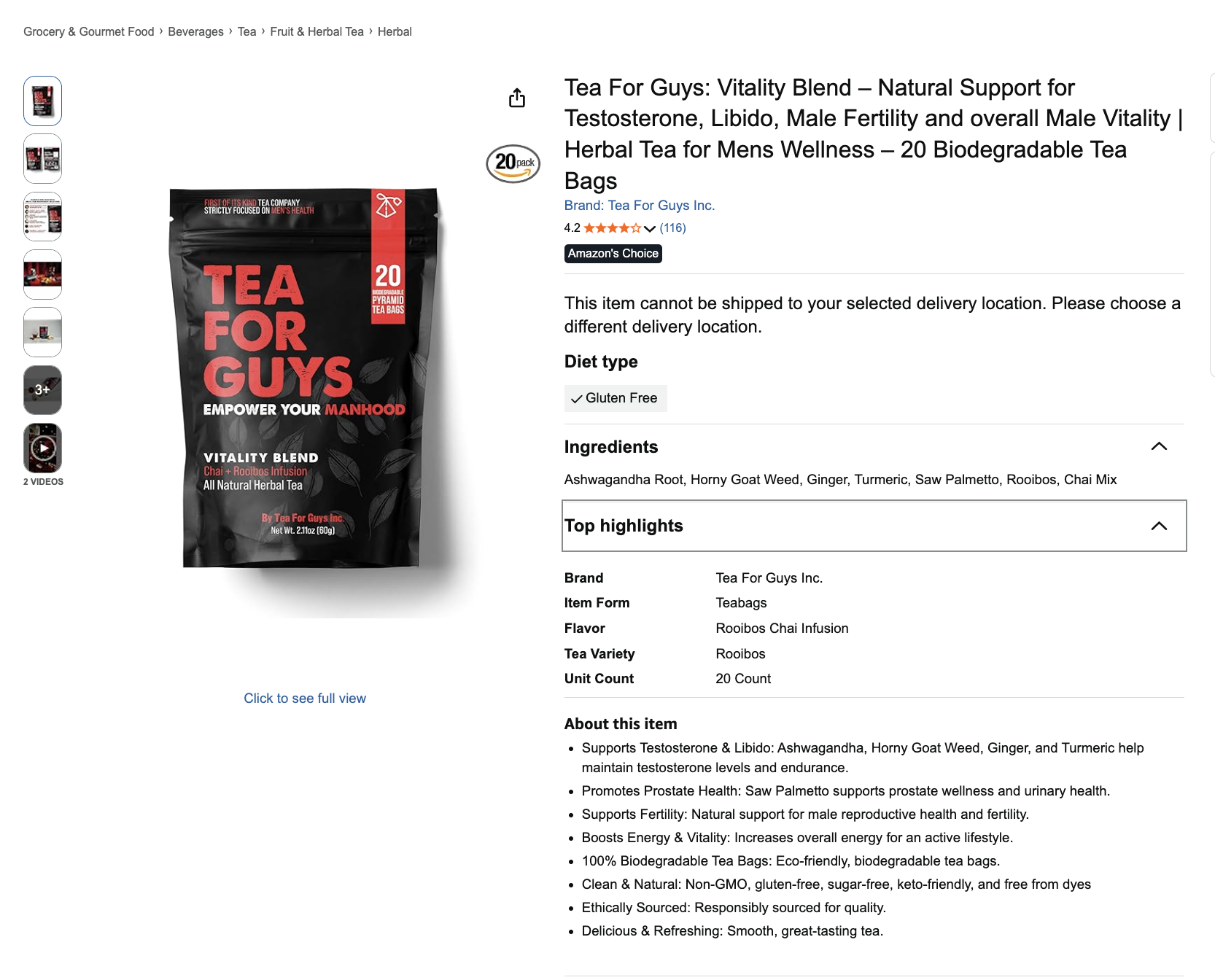 Tea For Guys Vitality Blend Amazon listing with Amazon's Choice badge and 4.2-star rating