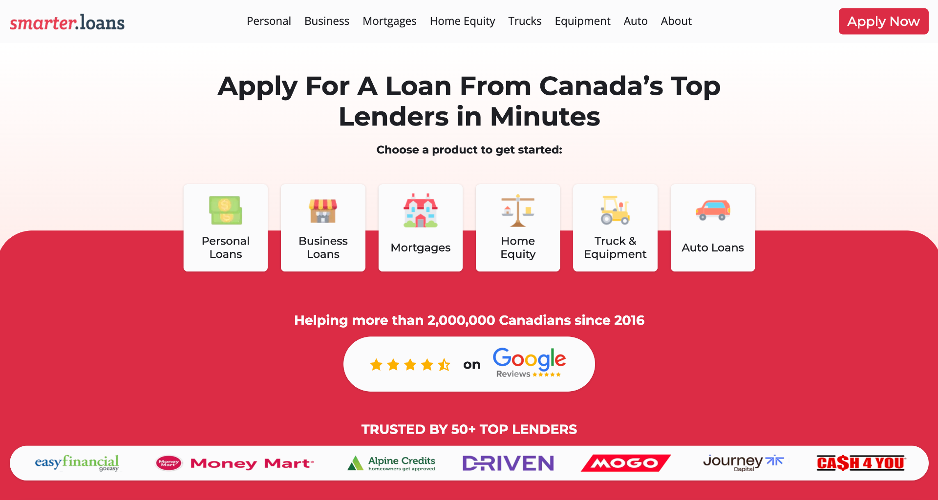 Smarter Loans homepage: product chooser, Google reviews, and 50+ lender trust strip